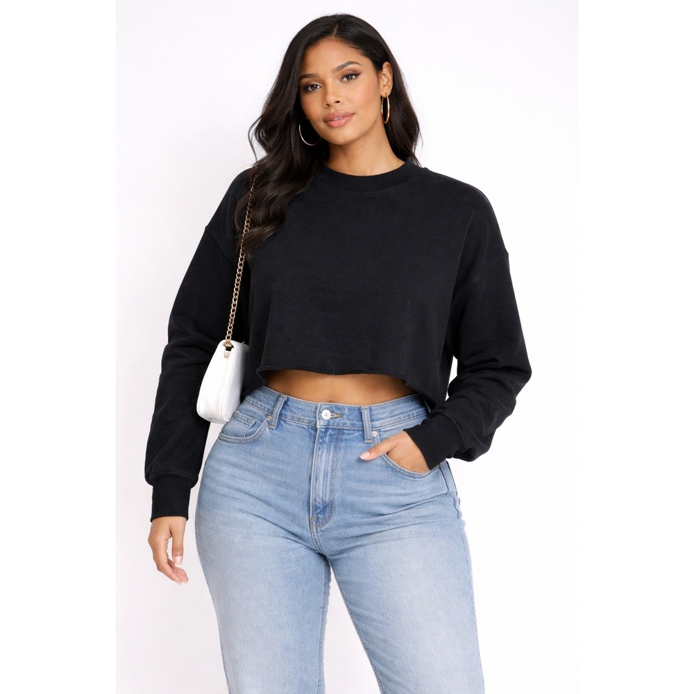 ZARA Blackβ Cropped Distressed Raw Hem Sweatshirt Womens M